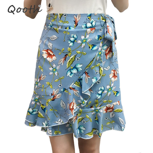 Qooth Elastic Floral Print Mini Skirt Women Ruffle A-line Short Skirt Female Causal Streetwear High Waist Summer QH1294