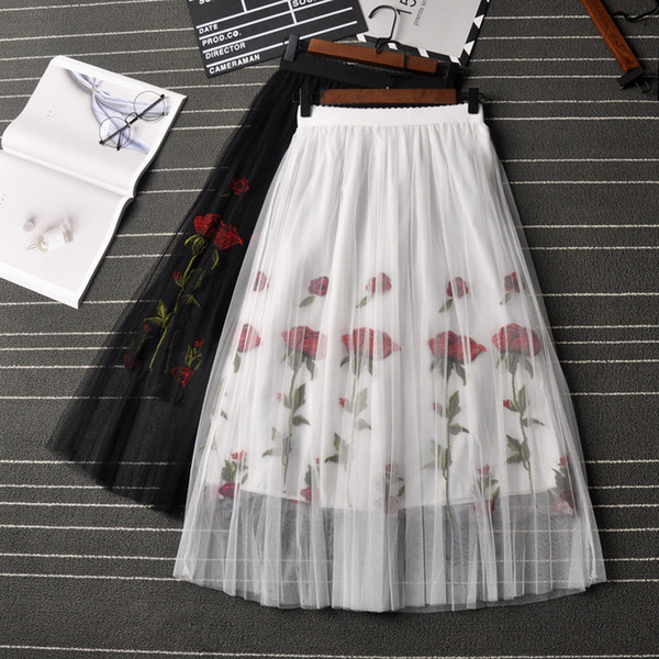 Spring and Summer Tulle Skirt Slim Pleated Skirts Vintage Rose Embroidery Floral skirts Womens All-match Waist Jupe Saias faldas