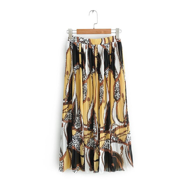 QZ914 Women Euro Design Elastic Waist Pleated Print Chiffon Skirt Retro Big Sweep Skirts Saias