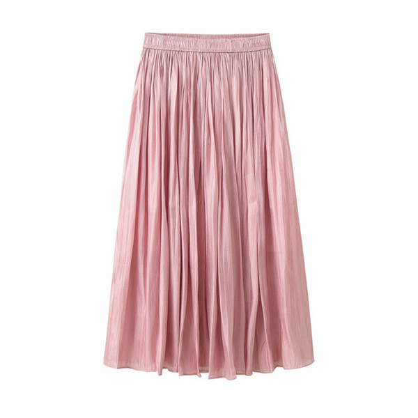 Stain Silk Pleated Skirt Midi Vintage Summer Skirt With Elastic Waist Pleat Solid Elegant Tulle Harajuku Faldas Sexy Jupe 2019