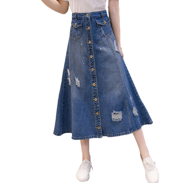 New Fashion Denim Skirt Women Large Size Vintage Hole Loose Button Long Skirt Jeans Saia Mujer 2019 Spring Summer Faldas f667