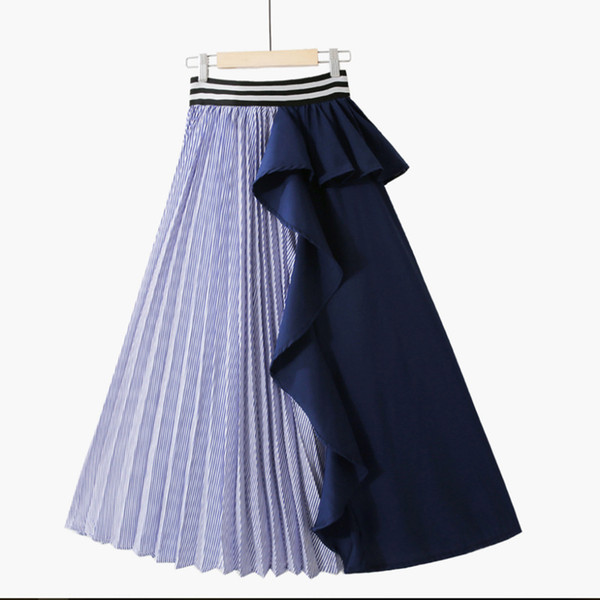 PEONFLY Fashion New Patchwork Skirt Women Irregular Striped Printed Ruffles High Waist Skirts Streetwear Midi Skirt