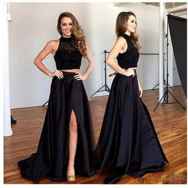 2017 High End Black Long Satin Skirts For Women To Prom Party Sexy Formal Female Skirt With High Side Split Female Bottom