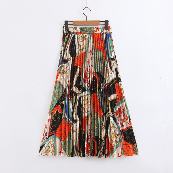 QZ911 Retro Color Block Chain Print Pleated Skirt Holiday Elastic Waist Skirts Saias