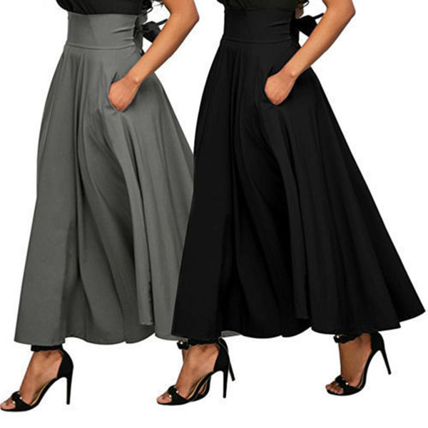 Summer Fashion Skirt With Pocket High Quality Solid Ankle-Length Vintage Skirt For Women Black Long