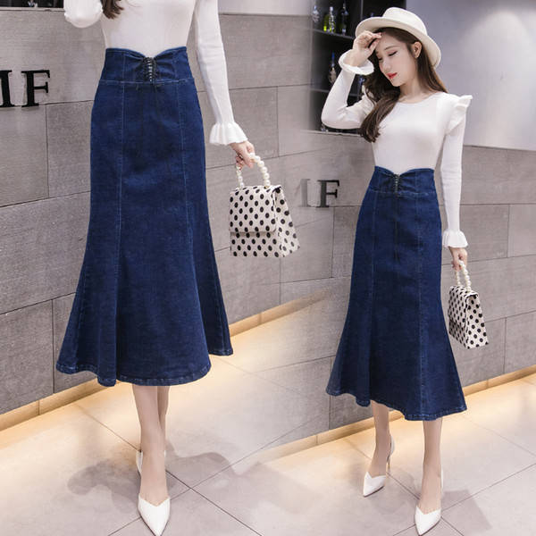 Jeans Skirt Long Denim Women 2019 High Waist Slim Sexy Maxi Mermaid Skirts For Women Lace-up Plus Size Long Denim Skirt Women