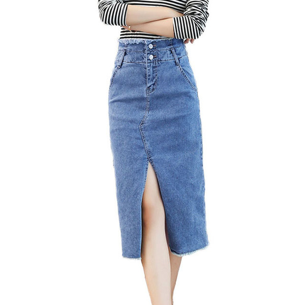 Split Jeans Skirt For Women 2019 New Arrival Casual OL Lady Solid Color High Waist Pencil Denim Skirts Pockets