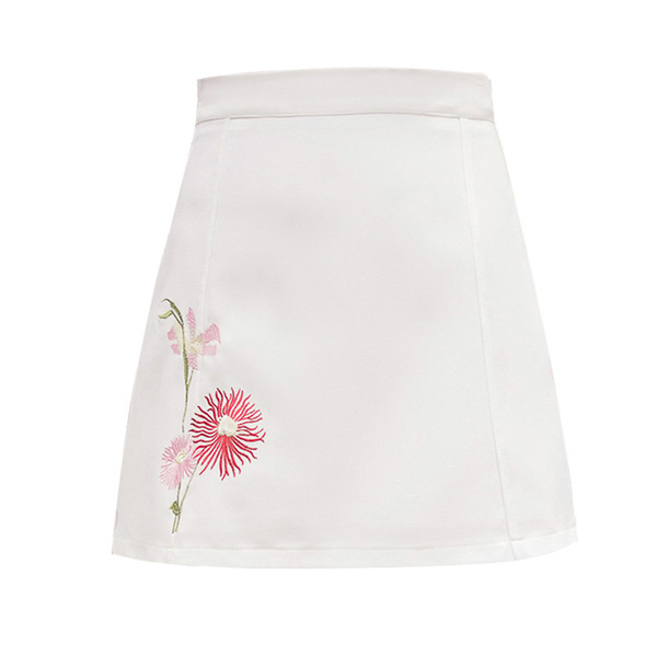 Mini Short Skirt Embroidery For Women Designer Preppy Style Summer Zipper Closed Flowers Floral Falda Female A-Linen Short Skirt