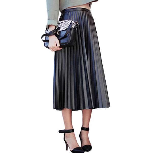 2017 New Spring Autumn Women Skirts Vintage High Waist Black Faux Leather Skirts Female Slim Party Midi PU Pleated Skirt AB057