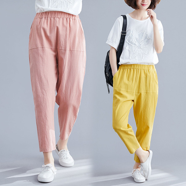 Photo Shoot 2019 Summer New Style Capri Pants Women's Cotton Linen Casual Loose-Fit Slimming Elastic Band Skinny Harem Pants