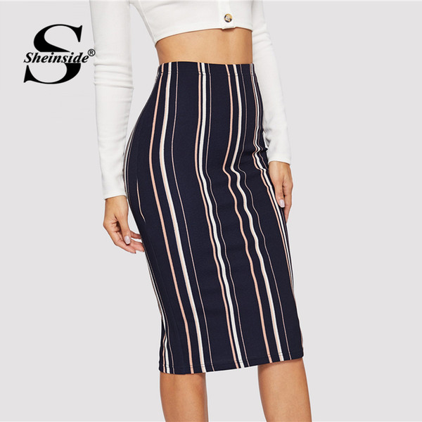 Sheinside Elegant Vertical Stripe Print Midi Skirt Women Casual Bodycon Skirts 2019 Spring Office Ladies Workwear Pencil Skirt