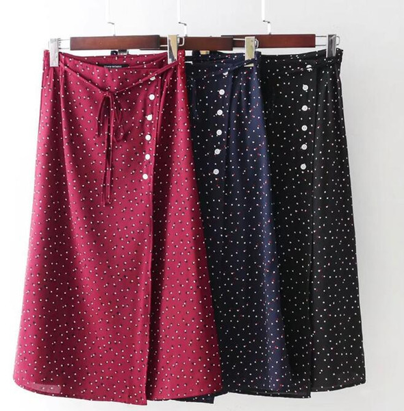 Girls Button Wrap Midi Skirt Retro French Sweet Navy & Burgundy 36 38 40 S M L