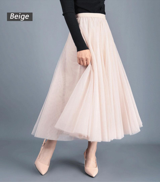 New Style Women Skirt High Waist Lace Mesh Ball Gown Pure Color Long Skirt Ladies Layered Long Casual Female