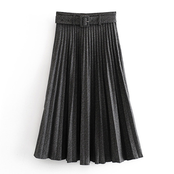 RR Tie Belt Waist Skirts Women Fashion Casual Solid Pleated Skirt Women Elegant Loose Mid Calf Skirts Female Ladies JI
