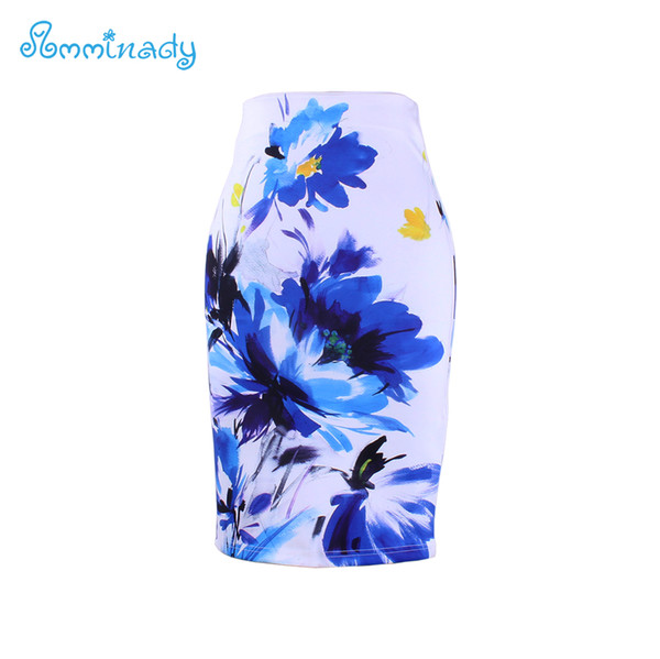 Wholesale- 2017 new arrival Women pencil skirts blue flower print bodycon lady midi saia fashion faldas mujer girls bodycon bottoms