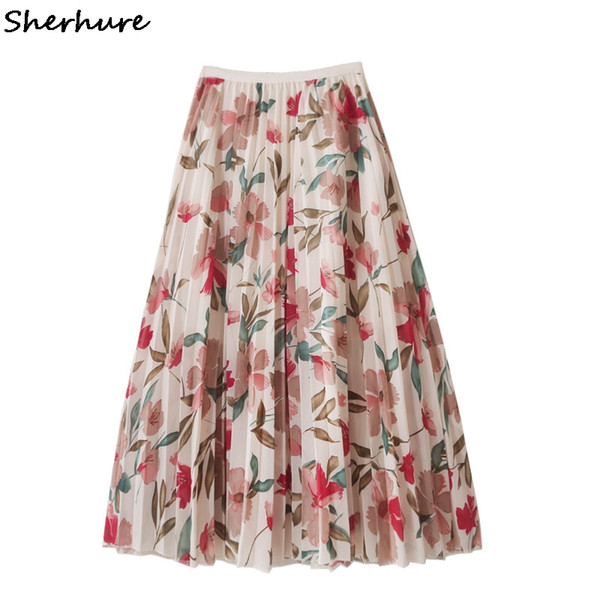 2019 Fashion High Waist Women Summer Chiffon Skirts Saia Flower Print Women Boho Pleated Flower Skirt Faldas Jupe Femme