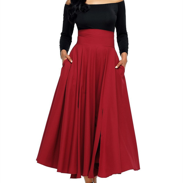 New Women Plus Size Skirts Vintage Lace Up Bow Side Slit Skirts Solid Ladies Pleated Flared Pockets Maxi Skirt