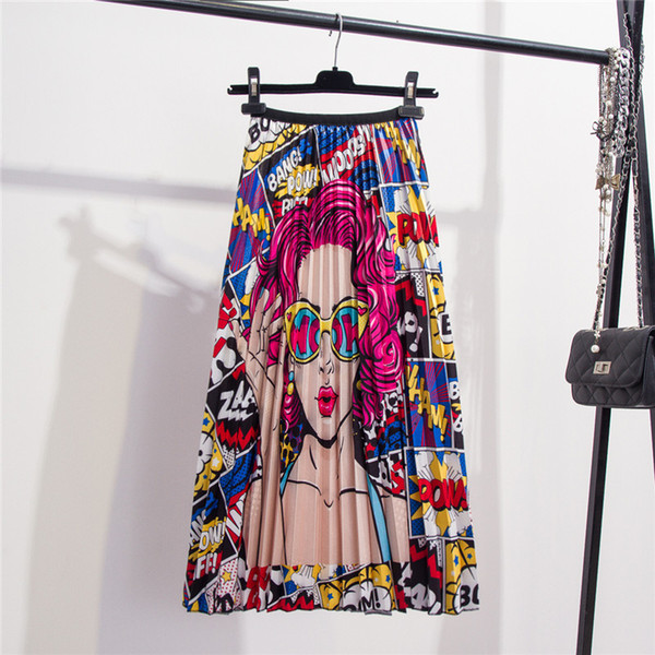 2019 Fashion European Cartoon Pleated Skirt Women Spring Summer Midi Skirts Elastic Waist A Line Long Printed Skirts Women
