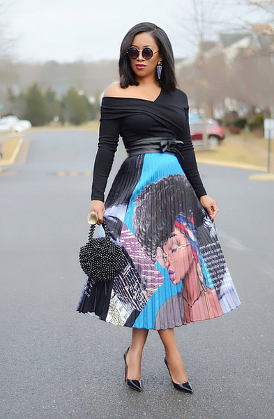 Women's Europe and America Cartoon Portrait Women's Print Pleated Skirt Music Festival Party Club Costume Long Skirt High Elastic Skirt