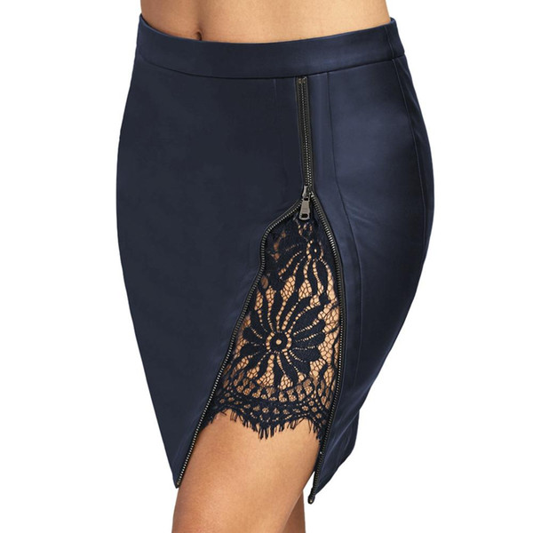 Women Sexy Zipper Lace Patchwork Faux Leather High Waist Bodycon Midi Skirt fashion