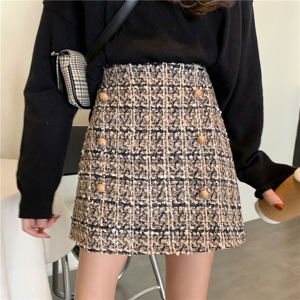 2020 New Fashion Tweed Plaid Short A Line Mini Black Knitted Korean Skirt Plus Size School Female High Waist Skirts Womens Kilt