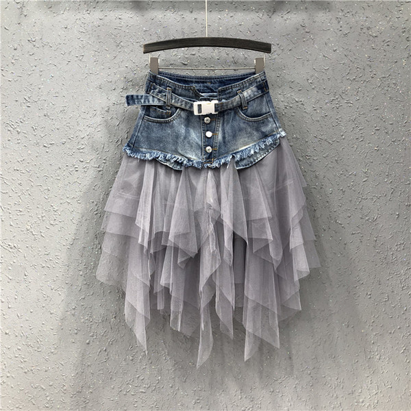 2019 Summer Denim Jeans Skirt Women irregular Tulle Skirts High Waisted Mesh Patchwork Pleated Mid-Calf Skirt Tutu High Street