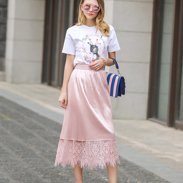 Summer Lace Skirts Long Fancy Fashion Dresses for Women High Quality Elastic Waist Wemen Clothing Lace Skirts Cheap Pink, Black