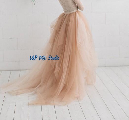 Stunning Champagne Skirts Ball Gown Skirts Pleats Tulle Sweep Train High Quality Tulle Skirts Women Clothing 2017 New Arrival