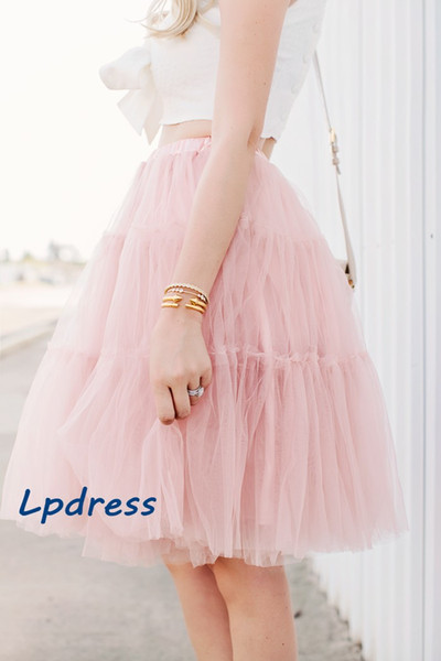 Pearl Pink Skirts Ball Gown Knee-Length Pleats Tulle with Lining Eye Catching Fashion Design Elastic Waist Skirts Custom Made Royal Blue