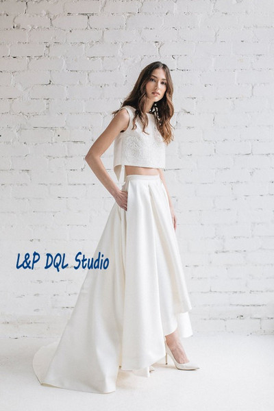 2017 Hi-Lo Skirts High Waist Satin Skirts with Pockets New Arrival Sweep Train Fancy Women Cloth Ivory Satin Dresses