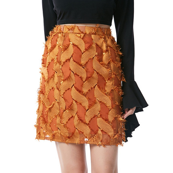 Women Fashion Mini-Length Skirt Patchwork Mesh Raw Edge A-Shape Elastic Waist Short Skirt With Zipper