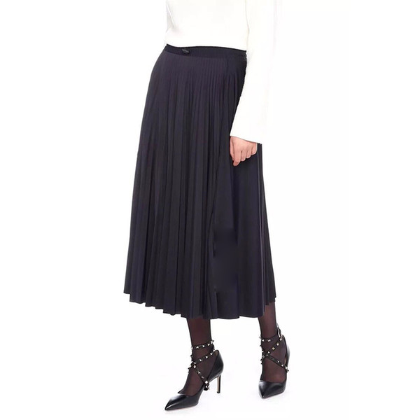 Women Runway Skirts Casual Autumn Brand Midi Pleated Skirt High Waist Brack A Line Skirt