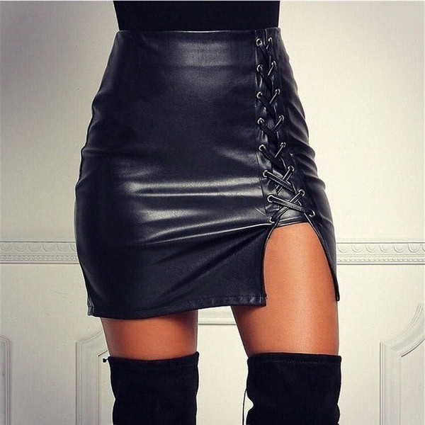 DIDI New Pencil Skirt Women Black Bodycon Bandage Skirts Lace Up Split Side Slit Party Club Wear Pu Leather Cool Skirt Ladies DN189