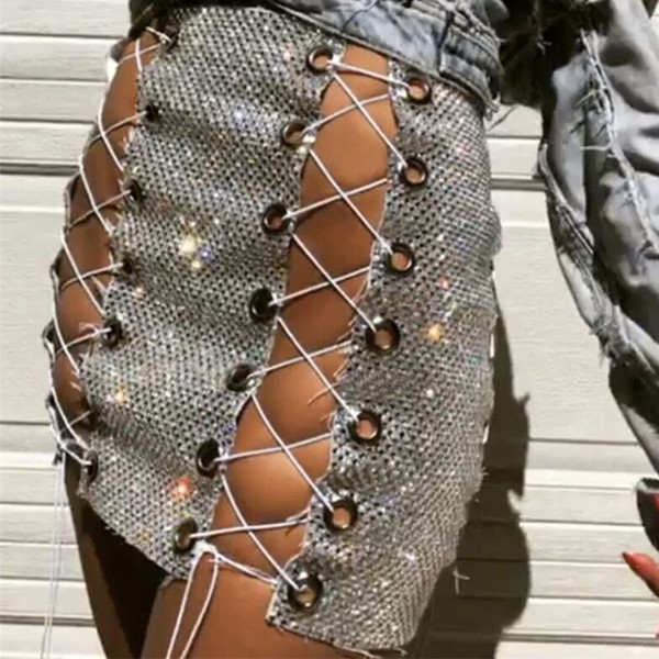 Hot Sale Summer 2019 Women Sexy Rhinestone Nightclub Skirts Fashion Stiching Metal Bandage Skirts Free Shipping