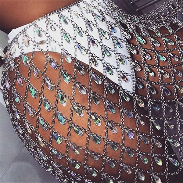 Hot Sale Glittering Crystal Pendant Hollow Out Skirt Chain Patchwork Party Wear Mini Skirts 2019 New Harajuku Pencil Skirt Women Clothing