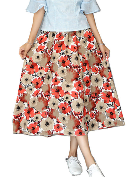 Shanghai Story Women Skirt Vintage Peach Blossom Floral Print Blend Linen Long Skirts For Woman