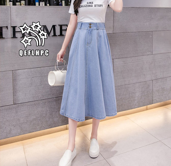 2018 Women's clothes Leisure fashion Denim skirt Long style 100 cotton Women's Clothing Skirts Sky blue Navy blue Pure color A-Line Denim