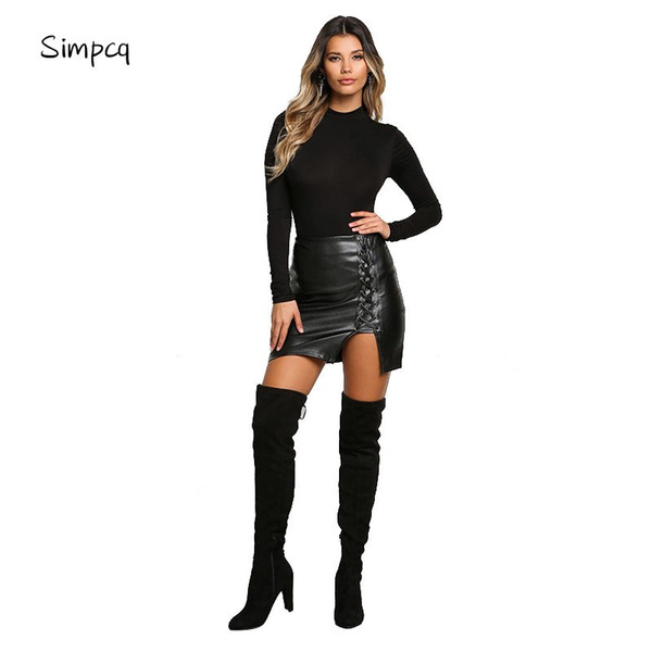 Simpcq Summer Autumn Sexy Women's Skirts Pu Black Soild Bottoms Lace-up High Waist A-Line Mini skirts for Office Lady 9765