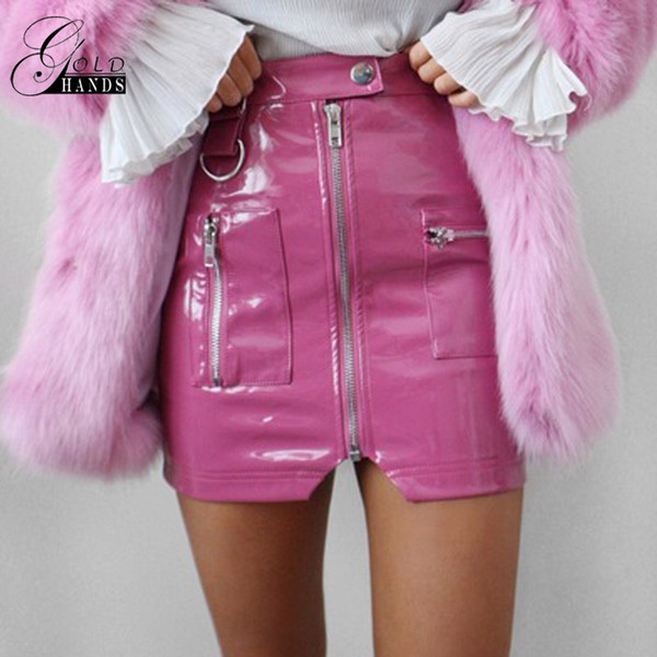 Women Faux Leather Pencil Skirts Pink Button Front Zipper Mini High Waist Skirt Female Autumn Winter Fashion Sexy Party Skirts