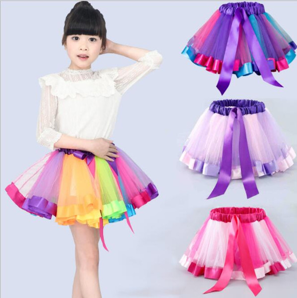 Girls Rainbow Tutu Skirt Tulle Dance Ballet Dress Toddler Rainbow Bow Mini Pettiskirt Party Dance Tulle Skirts dress LJJK1524