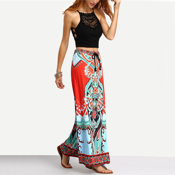 Summer Long Maxi Skirt For Women Ladies Multicolor Vintage Boho Tribal Print Tassel Tied Waist A Line Skirt