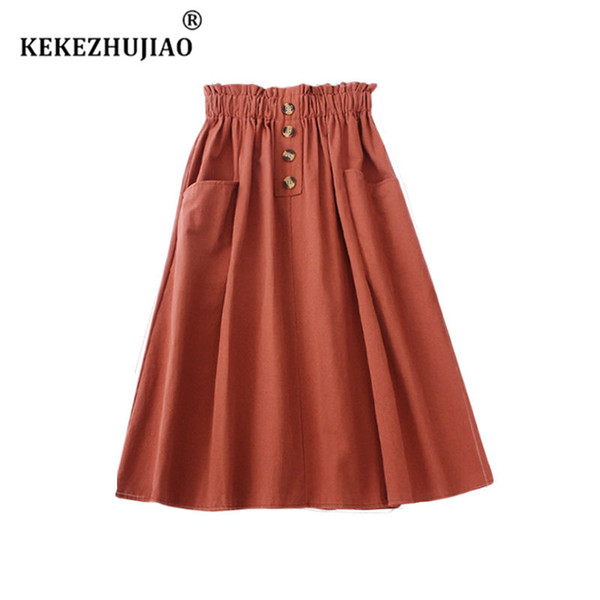 new women a line midi cotton skirt girls casual Retro Buttons elastic high waist plus size flare pockets summer skirts female