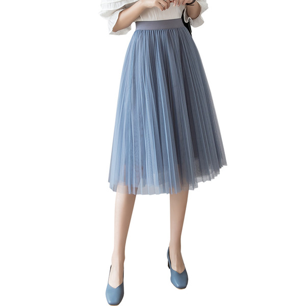 Women Skirts 2019 Summer New Fashion Black Beige White Pink Grey Mesh Midi Tulle Plain Pleated Skirt High Waist Woman Skirt