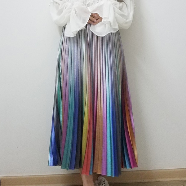 Qooth Women's Long Skirt Summer Skirts 2019 Spring Luxury Rainbow Striped Pleated Skirt High Waist Glitter Vestidos Saia Qh1739 Q190401