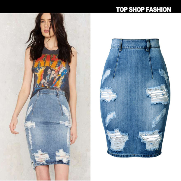 Denim Skirt Women 2017 Summer Casual Split Jeans Skirts Knee Length Ladies High Waist Midi Pencil Skirt Jupe En Jean