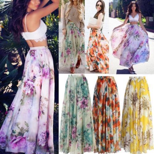 New 2018 summer skirt Pleated Skirt Blossoming Floral Chiffon Floral Print Plus Size Women clothes Elastic Waist Beach Wear 4 Styles S-XL