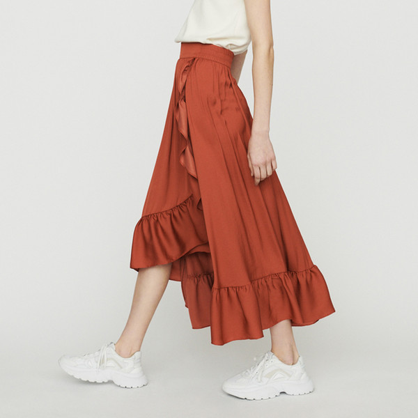 2019 Spring Summer French Pure Color Ruffle Detail Skirt Mid-Calf Length Women Skirts M313026