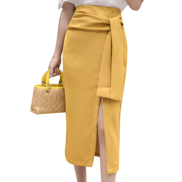 2018 Summer ladies office skirt split bow bandage irregular long skirts womens OL hip package brief jupe femme elegant faldas