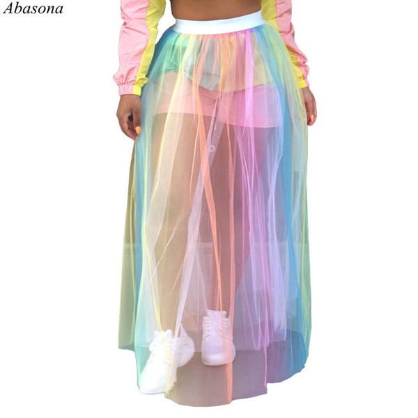 2019 Women Rainbow Printed Skirt Summer Streetwear Casual Sheer Mesh Beach Wear See Through Skirt High Waist Long Skirts Jupe