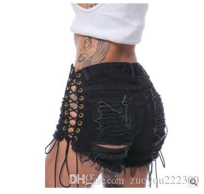 Good quality explosion beggar hole denim shorts side eyelet bandage shorts trade